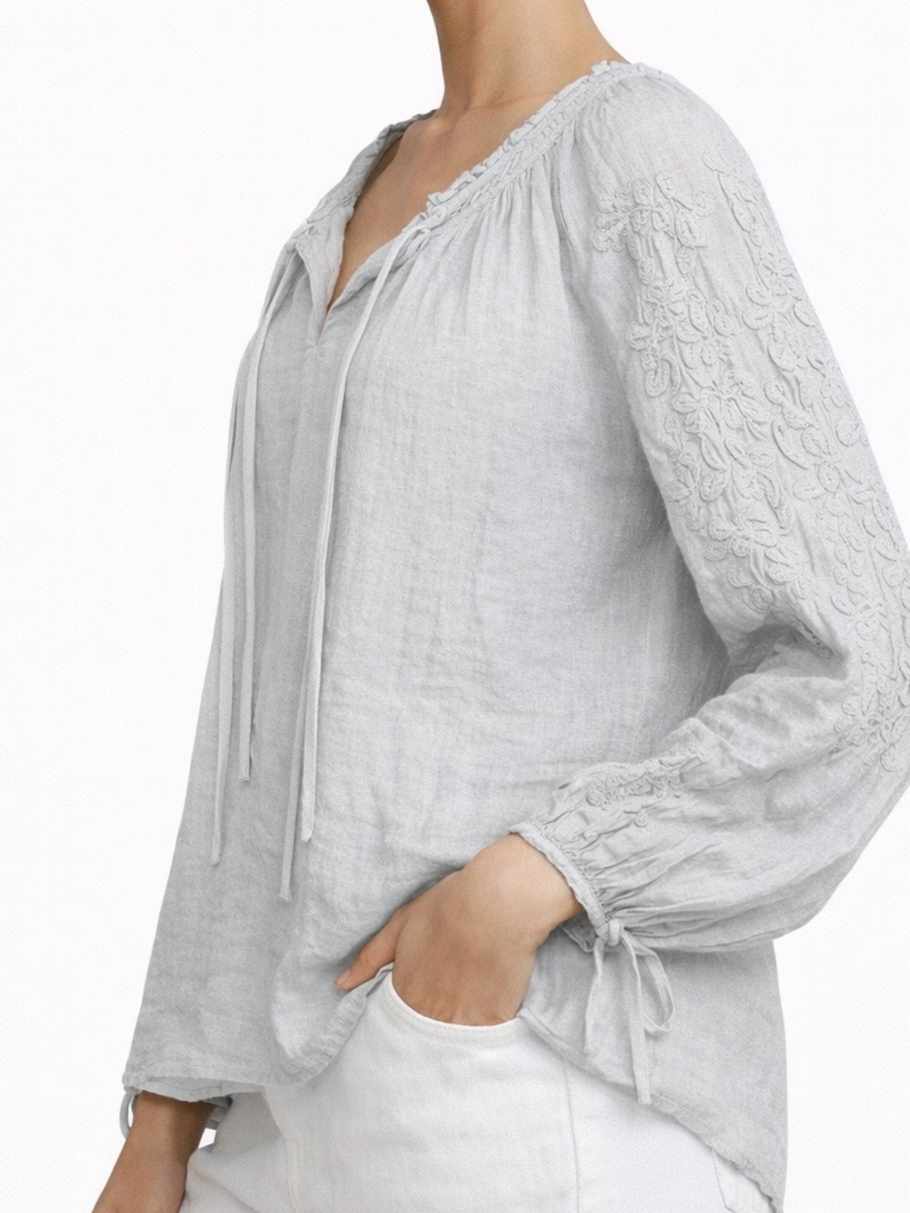 Lucky Brand Dove Gray 100% Cotton Embroidered Peasant Blouse Boho Large